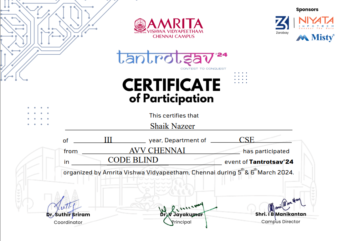 Certificate of Participation for Code Blind at Tantrotsav'24