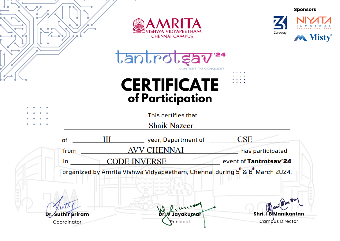 Certificate of Participation for Code Inverse at Tantrotsav'24