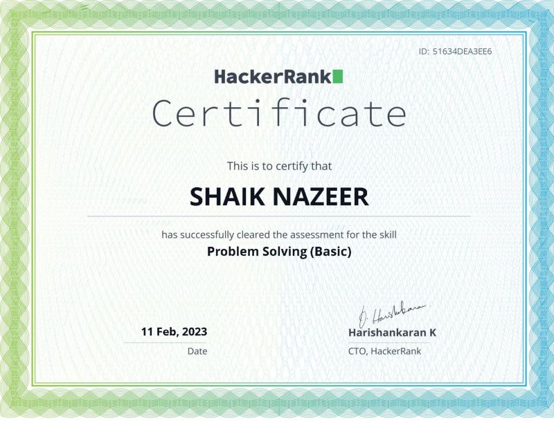 Certificate of completion of Problem Solving (Basic) at Hackerrank