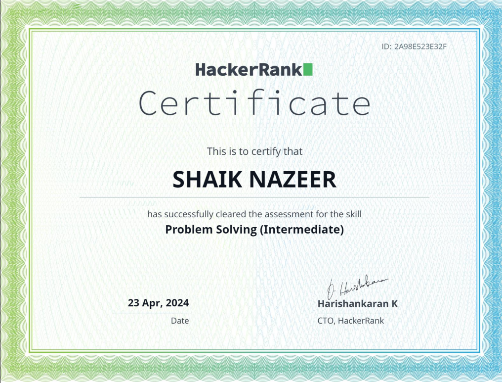 Certificate of completion of Problem Solving (Intermediate) at Hackerrank