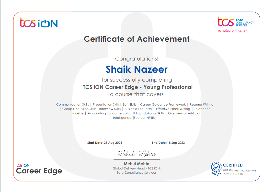 Certificate of completion of TCS iON career edge young professional